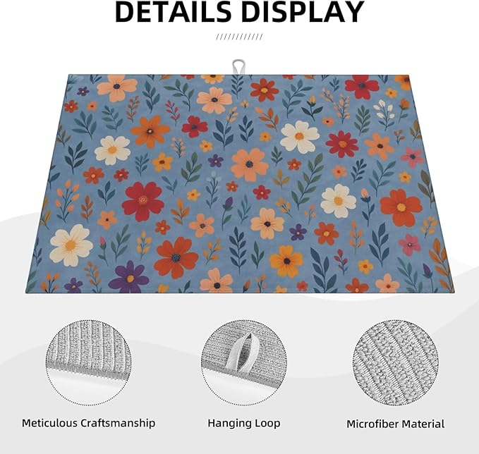 Blue Wildflowers Dish Drying Mats for Kitchen Counter, Large 18"x24" Dish Mats for Drying Dishes, Microfiber Absorbent Dish Drying Pad Rack Mat Kitchen Decor Reusable Washable