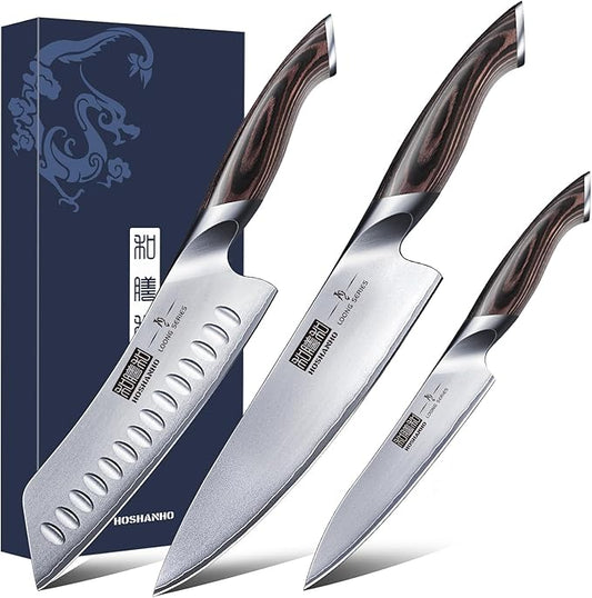 HOSHANHO 3 Pieces Knife Set, Professional Japanese High Carbon Stainless Steel Kitchen Knife Set, Ultra Sharp Chef Knives Sets with Ergonomic Pakkawood Handle by HOSHANHO