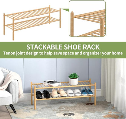ROMGUAR CRAFT 2-Tier Bamboo Long Shoe Rack, Free Standing Wood Shoe Shelf Storage Organizer for Closet Entryway Stackable 35"x11"x13" (Natural) - Image 6