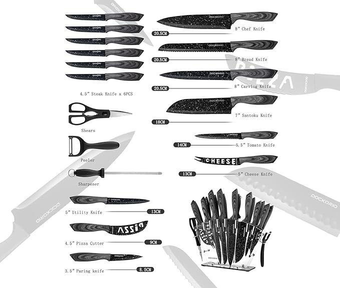 all in one Kitchen Knife Set with Block, 19 PCS High Carbon Stainless Steel Sharp Serrated Steak Knives Set, Chef Knives, Bread Knife, Scissor, Sharpener, - Image 3