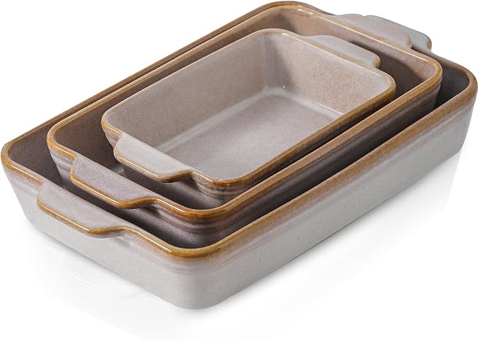HVH 9x13 Baking Dish Set, Large Casserole Dishes for Oven, Ceramic Bakeware Set of 3, Rectangular Lasagne Pan Deep for Baking (Sand Color) by HVH