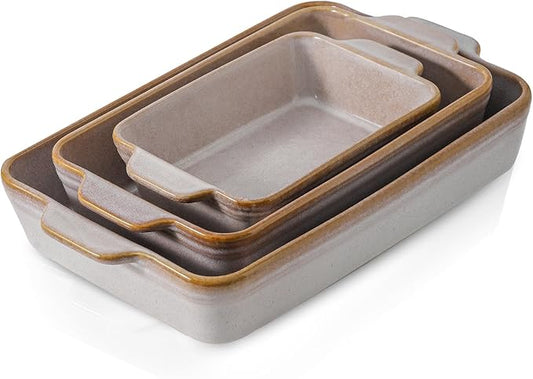 HVH 9x13 Baking Dish Set, Large Casserole Dishes for Oven, Ceramic Bakeware Set of 3, Rectangular Lasagne Pan Deep for Baking (Sand Color) by HVH