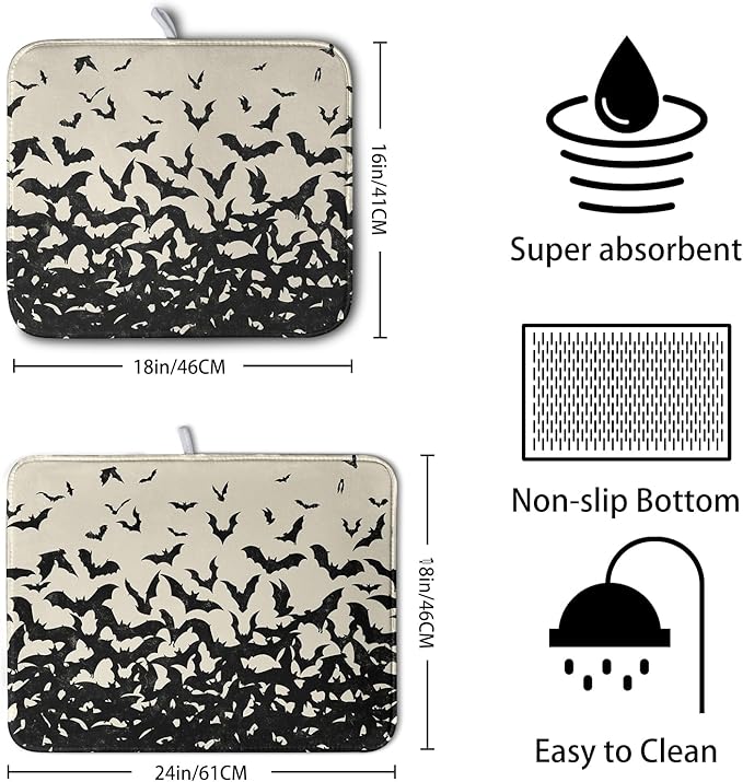 Halloween Bats Halloween Dish Drying Mat for Kitchen Counter 16x18 Inch Microfiber Absorbent Drying Mats Washable Dishes Drainer Mats Reusable Dish Rack Pad for Coffee Bar - Image 2