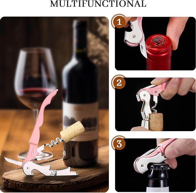 HYZ 2-Pack Wine Opener Waiter Corkscrew, Professional Wine Key for Servers, Bartender with Foil Cutter, Manual Wine Bottle Opener Double Hinged (Pink Mesa) - Image 5
