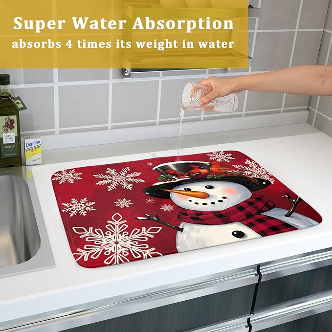 Christmas Snowman Dish Drying Mat for Kitchen Counter 18x24 Xmas Snowflake Winter Holiday Dark Red Absorbent Reversible Microfiber Drying Mats Kitchen Countertop Protector Dishes Drainer Rack Pad - Image 7