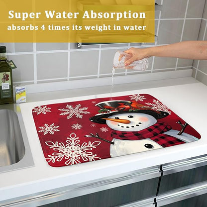 Christmas Snowman Dish Drying Mat for Kitchen Counter 18x24 Xmas Snowflake Winter Holiday Dark Red Absorbent Reversible Microfiber Drying Mats Kitchen Countertop Protector Dishes Drainer Rack Pad - Image 7