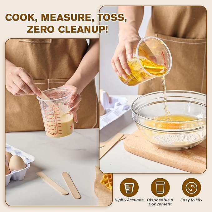 16 oz Plastic Mixing Cups, 100 Pack 16 oz (500ml) Disposable Measuring Cups with 100 Wooden Mixing Sticks, Can Be Used for Epoxy Resin, Liquid Measuring, Paint, Cooking and Baking - Image 4