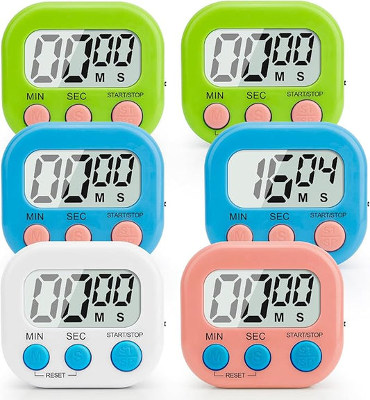 Digital Kitchen Timer, 6 Pcs Classroom Timers for Kids Teacher, Magnetic Countdown Minute Simple Timer for Cooking Study Exercise Game Baking Reading Gym Meeting Work Task (Blue/Green/White/Pink)