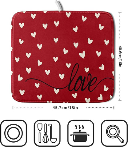 Giwawa Red Hearts Dish Drying Mat 16"x18", Valentines Day Symbol of Love Dish Drainer Mats, Romantic Reversible Dish Drying Rack Pad Protector for Kitchen Countertop Tabletop Small Decor