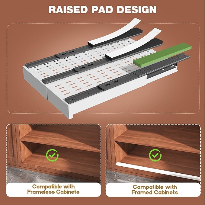 Seinloes 2 Pack Pull Out Cabinet Organizer Expandable Width(11"-16") and Depth(17"-24"),Slide Out Drawers with Raising Pad for Framed Cabinets,No Drill Roll Out Shelves for Kitchen,Bathroom,White - Image 2