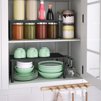 VERTORGAN Cabinet Organizer Shelf(Set of 2),Kitchen Counter Shelves,Bamboo Spice Rack Countertop and Cabinet,Stackable Expandable,Medium(Black)