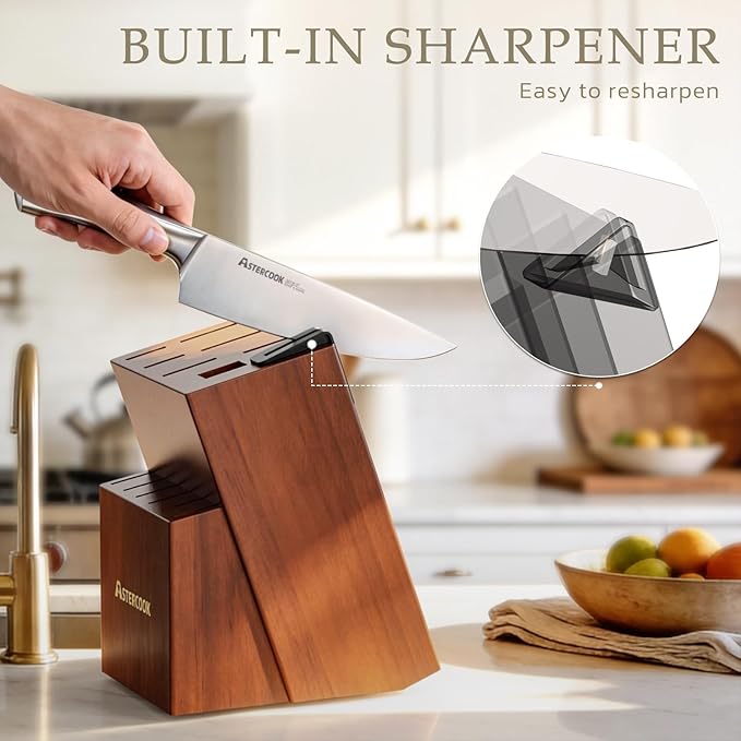 Astercook Knife Set, Kitchen Knives Set with Block and Sharpener Full Tang 15 Pcs Premium Stainless Steel Knives, Dishwasher Safe Knife Set with Anti-slip Ergonomic Handle, Walnut, Mothers Day Gifts - Image 5