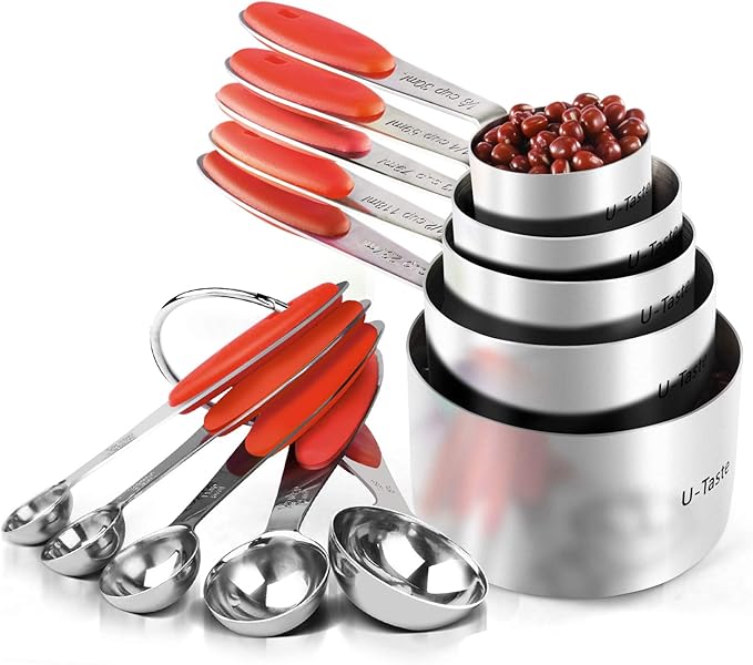 Measuring Cups : U-Taste 18/8 Stainless Steel Measuring Cups and Spoons Set of 10 Piece, Upgraded Thickness Handle(Red) by U-Taste
