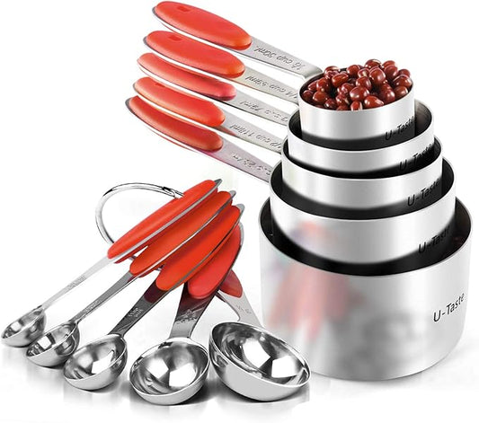 Measuring Cups : U-Taste 18/8 Stainless Steel Measuring Cups and Spoons Set of 10 Piece, Upgraded Thickness Handle(Red) by U-Taste