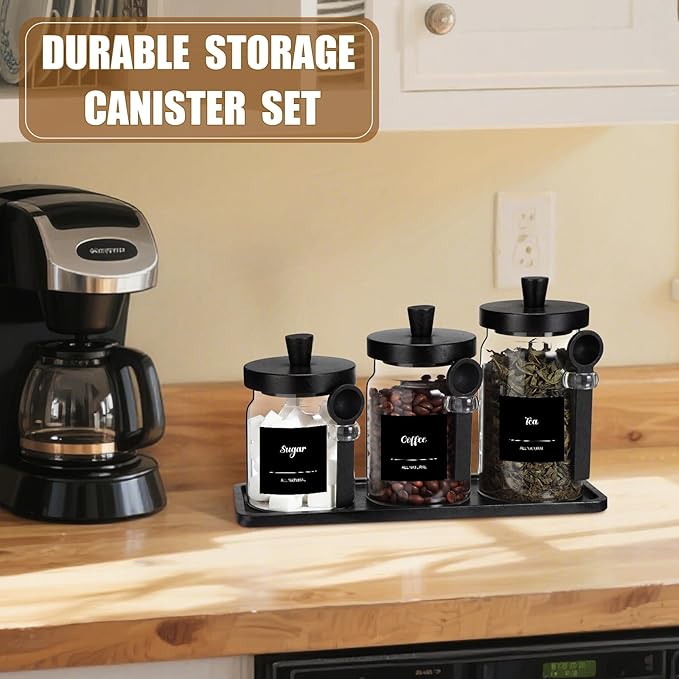 Suclain 3 Pcs Glass Coffee Container with Wooden Lid Spoon Shelf Labels Clear Airtight Jar Food Storage Canister Set for Sugar Spice Coffee Bean Holder Housewarming Gift (13.5,20,25 oz,Black Bamboo) - Image 6