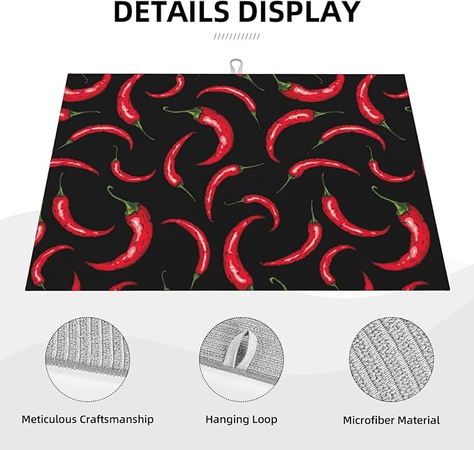 Chili Pepper Dish Drying Mat Red Hot Chili Pepper Black Drying Rack Pad Countertop Dishes Ultra Absorbent Microfiber Kitchen Counter Mat 18x24 Inch