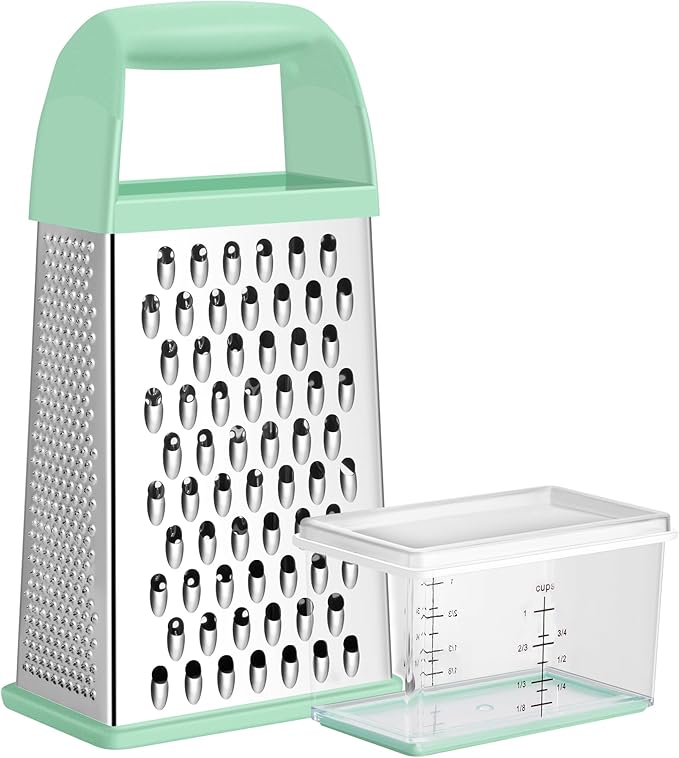 Urbanstrive Cheese Grater With Container, Professional Cheese Grater with Handle, Stainless Steel Graters for Kitchen Handheld, Box Grater with 4 Sides for Vegetables, Ginger, Potatoes (Mint Green) by Urbanstrive