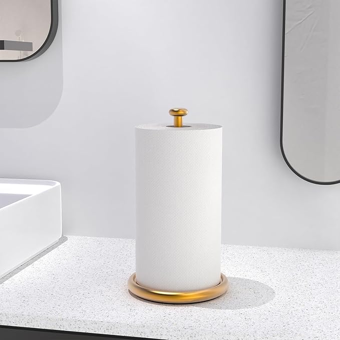 VEHHE Gold Paper Towel Holder Countertop with Weighted Base, One-Handed Tear Kitchen Towel Holder with Damping Function and EVA Non-Slip Pad for Bathroom - Image 8
