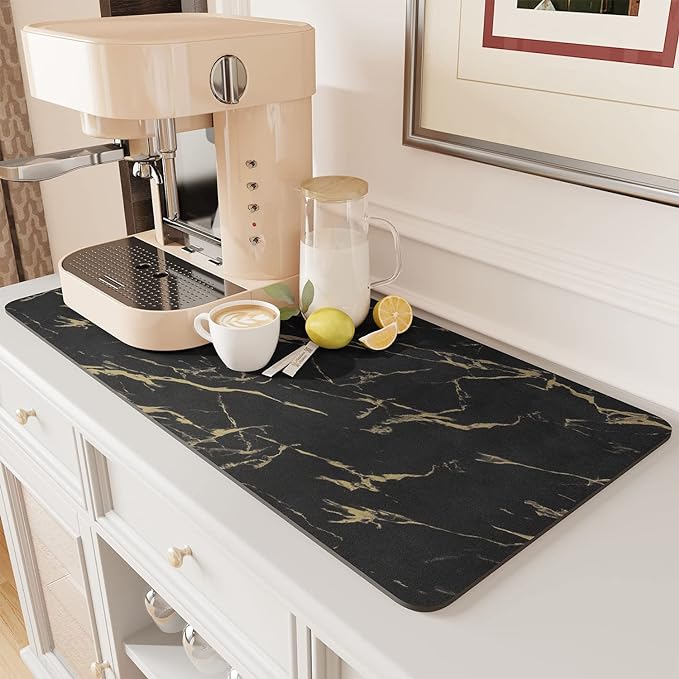 AMOAMI Coffee Mat - Hide Stain Rubber Backed Absorbent Dish Drying Mat for Kitchen Counter - Black & Gold - Image 8
