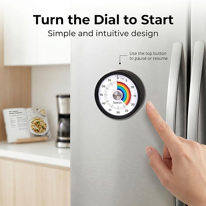 Searon Quiet Visual Timer with Magnet, Countdown Timer with Rainbow Disk and LED Alert, Easy Time Management for Home, Office, Kitchen & Study Desk (Black)