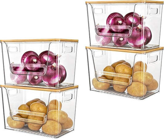 Delamu 4 Pack Pantry Organizers and Storage,Trash Bag Dispenser with Bamboo Top,Stackable Trash Bag Dispenser Under Sink Organizer for 4-30 GalBags,Onion,Potato,Fruits,Clear by DELAMU