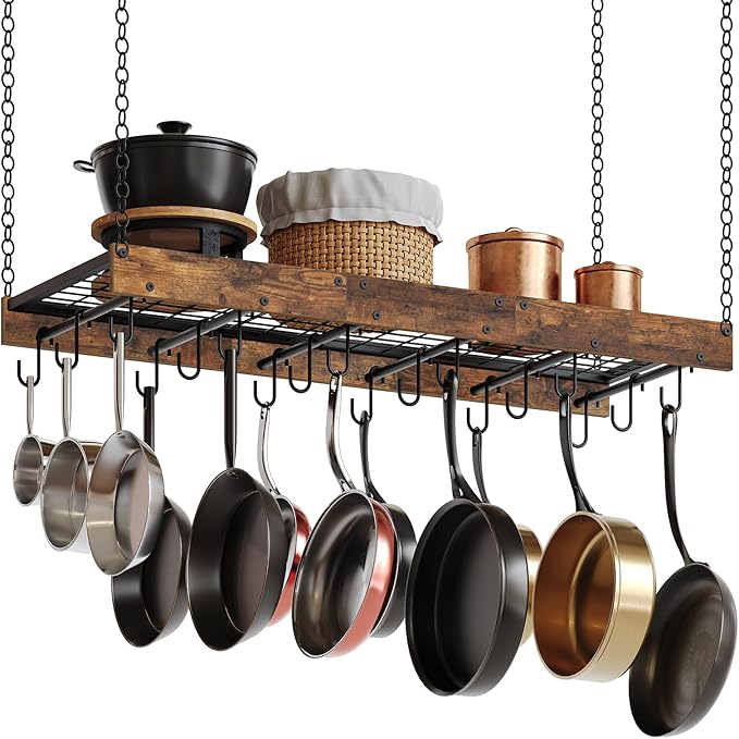 CHOEZON Hanging Pot Rack, Ceiling Wall Mounted Pot Rack for Kitchen, Industrial Style Pot Hanger with 18 Hooks, Cookware Storage Organizer, for Pots and Pans, Rustic Brown and Black TPR12BFC1 - Image 8