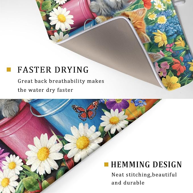 Lovely Cat Drying Mat for Kitchen Counter Colorful Flower Absorbent Coffee Bar Mat 18 X 24 - Image 3