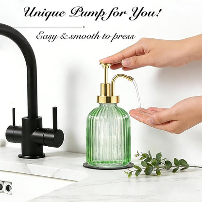 SheeChung Green Glass Soap Dispenser, 12 Oz Liquid Hand Soap Dispenser with Pump, Refillable Lotion Dish Soap Dispenser for Kitchen, Stripes Shampoo Bottle, Bathroom Countertop (Gold Pump, 1 Pack)