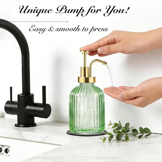 SheeChung Green Glass Soap Dispenser, 12 Oz Liquid Hand Soap Dispenser with Pump, Refillable Lotion Dish Soap Dispenser for Kitchen, Stripes Shampoo Bottle, Bathroom Countertop (Gold Pump, 2 Pack)