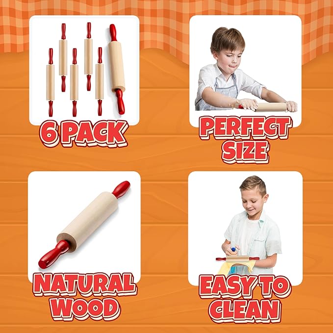 Mini Rolling Pin 7.5 Inch (6 Pack) Kids Rolling Pin Set for Play Dough Accessories Small Pin for Dough - Wooden Rolling Pins For Baking With Handles for Foods, Baking Supplies, And Playtime - Image 2