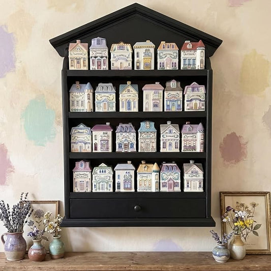Chunful Vintage Spice Jar Wooden Rack with 4 Shelves and Drawer Hanging Spice Rack Wall Mounting Kitchen Storage Village Style Display Shelf for 24 Jars, Shelf Only(Classic Black)