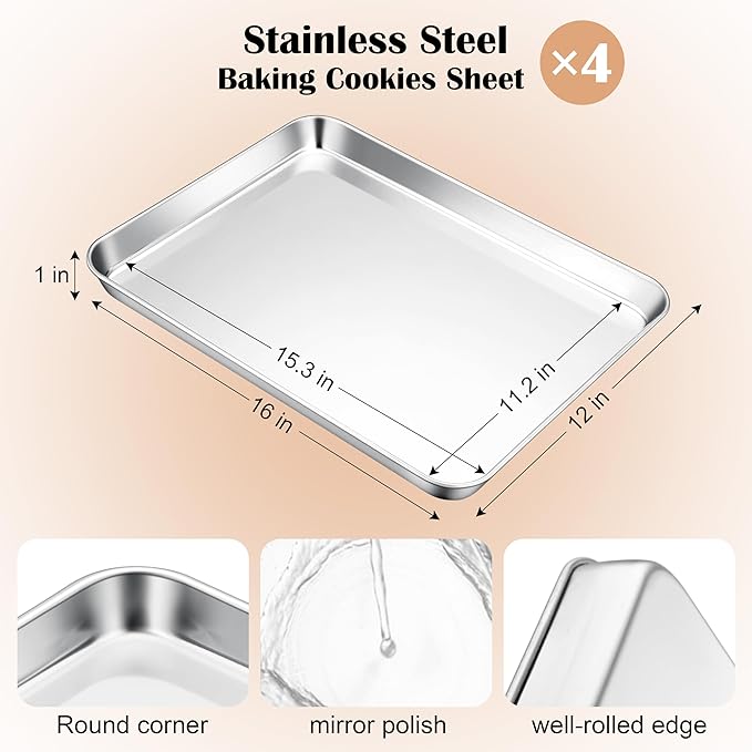 E-far Baking Sheets Set of 4, 16” x12” x 1” Stainless Steel Cookie Sheets Pans for Oven, Non-toxic Metal Trays for Baking Cake Cookie, Healthy & Rust Free, Mirror Finish & Dishwasher Safe - Image 2