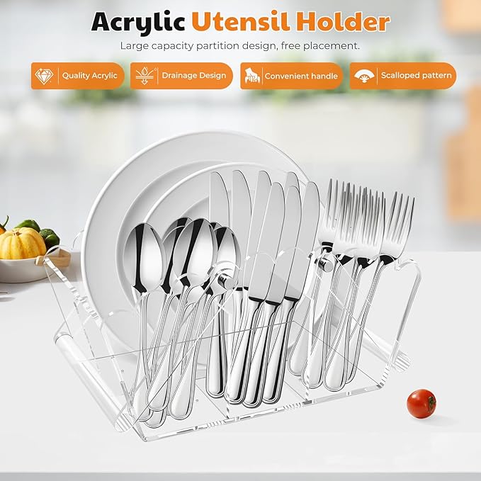 Scalloped Silverware Organizer. Acrylic Utensil Caddy.Heavy-Duty Countertop Cutlery Holder for Spoons,Forks,Knives, Napkins,Plates Space-Saving Countertop Cutlery Caddy - Picnic Party Essential - Image 2