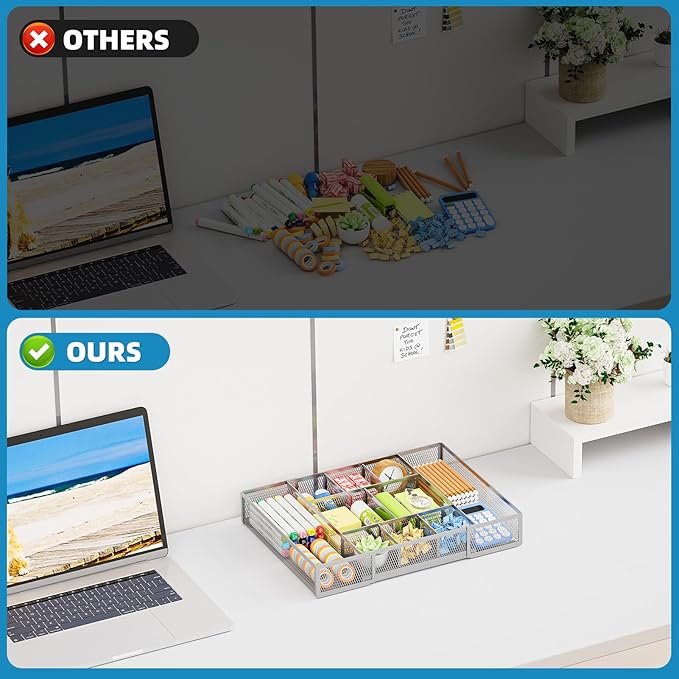 Marbrasse Expandable Desk Drawer Organizer, Mesh Tray with 10 Adjustable Compartments, Desk Organizers for Office Supplies, Makeup & Vanity (Expandable-Silver) - Image 8