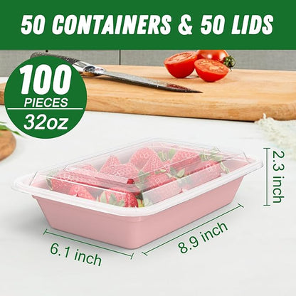 50 Pack (100-Piece) 32 oz Meal Prep Containers Reusable with Easy Open Lids, Sturdy Leakproof Food Safe, Microwave Freezer Dishwasher Safe, To Go Take Out Plastic Food Storage Pans with Lids, Pink - Image 2