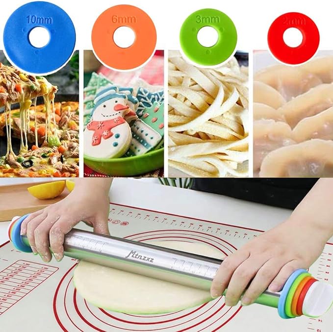 Rolling Pin and Silicone Baking Pastry Mat Set, Stainless Steel Dough Roller, Rolling Pins with Adjustable Thickness Rings, for Baking Fondant, Pizza, Pie, Pastries, Pasta, Cookies - Image 3
