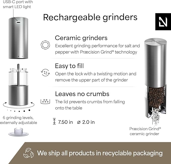 LARS NYSØM Electric Salt and Pepper Grinder Set I Automatic Salt and Pepper Mills with Adjustable Ceramic Grinder I USB Rechargeable Electric Spice Mill Set with LED Light (Stainless Steel) - Image 4