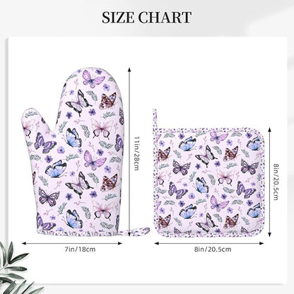 Butterflies Oven Mitts and Pot Holders Set, Cute Kitchen Accessories Heat Resistant to 500°F, Non-Slip Silicone Grips for Baking, Cooking, Grilling, BBQ - Gift Idea
