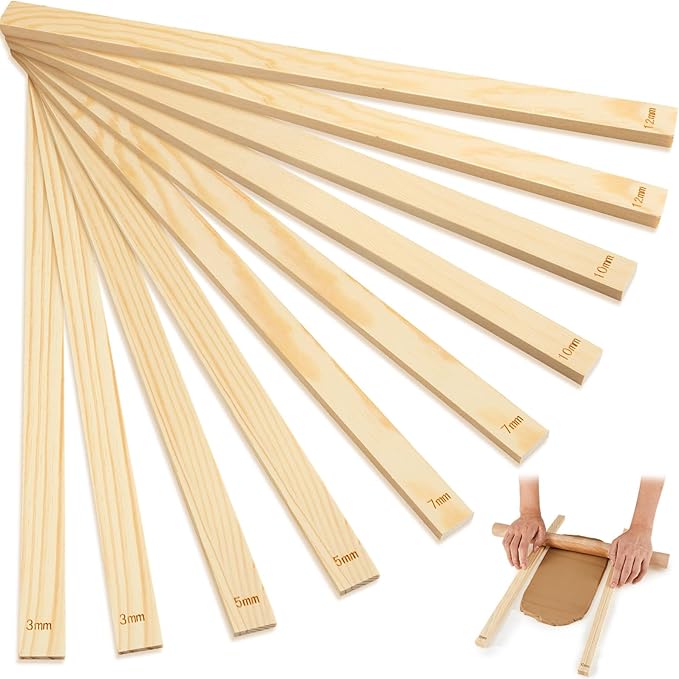 Sasylvia 10 Pcs Pottery Rolling Pin Guides Wood Teaching Rolling Mud Stick Guide Set Polymer Clay Depth Guide Pottery Tools Clay Mudboard Tools (5 Size Lengthen,Wood Color) by Sasylvia