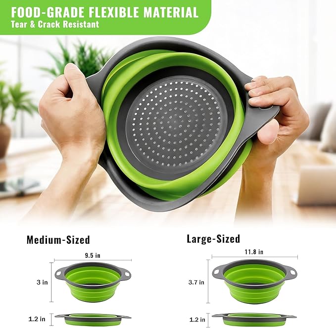2 Pack Collapsible Silicone Colander with Handle, Over Sink Foldable Food Strainer, BPA-Free Space Saving Drain Basket for Vegetables, Fruits, Pasta, Kitchen & Camping (Green) - Image 6