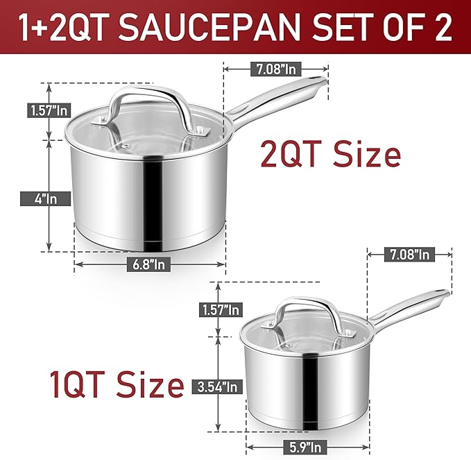 P&P CHEF 1 Quart & 2 Quart Saucepan with Lid Set, Stainless Steel Small Cooking Pot Induction Sauce Pan for Pasta Soup, Ergonomic Handle & Tri-ply Base, Dishwasher Safe, 2 Pan - Image 2