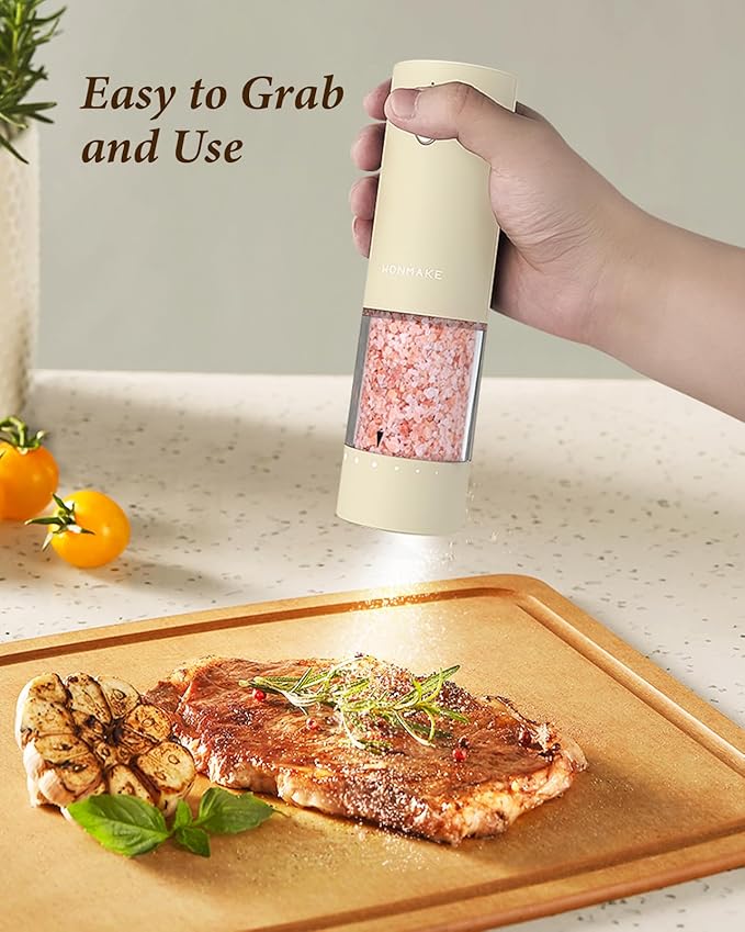Electric Salt and Pepper Grinder Set - Automatic Refillable Salt and Pepper Grinders with Charging Base & LED Light, 6-Level Adjustable Coarseness with External Dial, Ideal Kitchen Gadget，Beige - Image 9