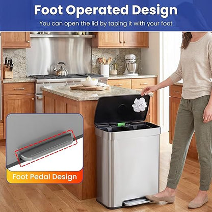 PayLessHere Dual Compartment Recycling Trash Can with Removable Buckets, 60L Stainless Steel Foot Pedal Trash Can with Soft-Close Lid for Home, Kitchen, Office, Bathroom. - Image 3