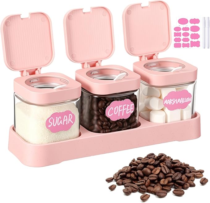 Suclain 3 Pcs Glass Coffee Containers Coffee Station Organizer Set, Airtight Bean Storage Jars with Shelf,labels,spoon, Base and Pen,for Sugar, Candy, Oats, Nuts (Pink) by Suclain