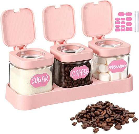 Suclain 3 Pcs Glass Coffee Containers Coffee Station Organizer Set, Airtight Bean Storage Jars with Shelf,labels,spoon, Base and Pen,for Sugar, Candy, Oats, Nuts (Pink) by Suclain