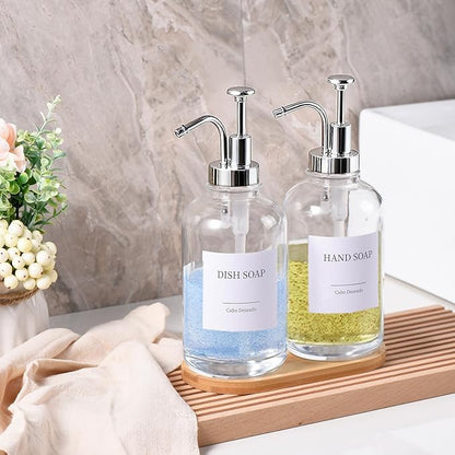 Glass Soap Dispenser with Pump, Dish and Hand Soap Dispenser for Kitchen Bathroom Set, Clear Glass Dispenser Set of 2 Pack with 18 Stickers Funnel Bamboo Tray 500ml 18oz / Each Bottle Sliver Pump - Image 2