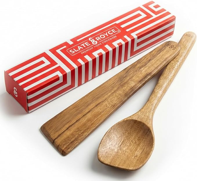 SLATE & ROYCE Wooden Spoon and Spatula Set, 2-Piece Non-Toxic Acacia Wood Cooking Utensils — Long Wooden Spoon for Cooking & Wood Spatula Scraper, Non-Stick, Cast Iron & Stainless Steel