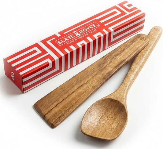 SLATE & ROYCE Wooden Spoon and Spatula Set, 2-Piece Non-Toxic Acacia Wood Cooking Utensils — Long Wooden Spoon for Cooking & Wood Spatula Scraper, Non-Stick, Cast Iron & Stainless Steel