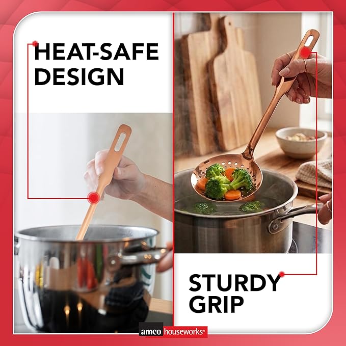 Amco 5-Piece Stainless Steel Cooking Utensil Set, Copper Finish - Includes Kitchen Ladle, Slotted Turner, Skimmer, Solid Spoons - 14" with Hanging Holes for Easy Storage, Durable Kitchen Gadgets - Image 4