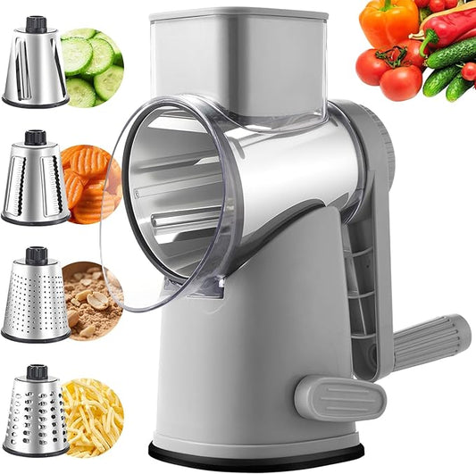 Weltonhm Rotary Cheese Graters with 4 Blades, Large Hand Crank Cheese Grater with Waffle Slicer, Grey Cheese Shredder with Suction Base, Easier for Shredding & Grating (Grey, 4 Graters)